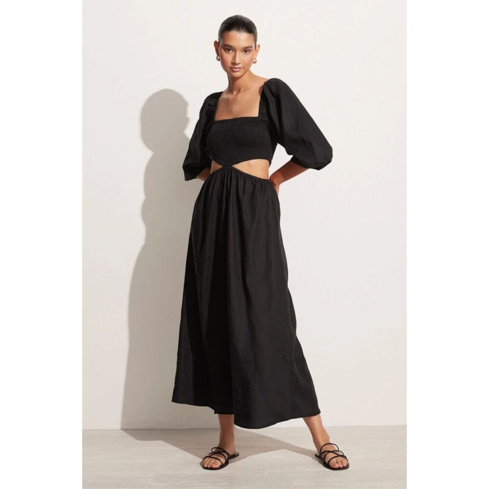 Faithfull the Brand Nadiva Midi Dress Linen Black NWT Sz 4 Vacation Square Neck